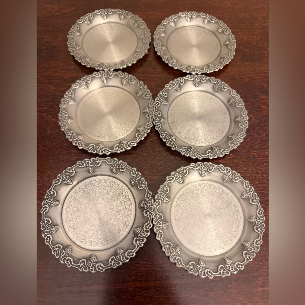 Vtg Piter Pewter Etched Metal Coasters Embossed Grape Vine Raised Edge Set Of 6